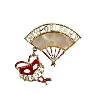 Vintage New Orleans Brooch Pin Fan Masquerade 2" Mother of Pearl Goldtone